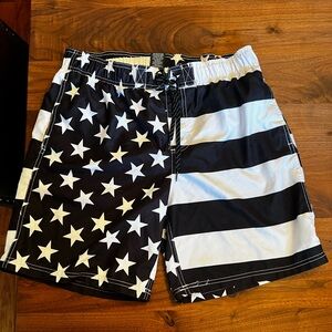 Black and white American flag swim trunks!